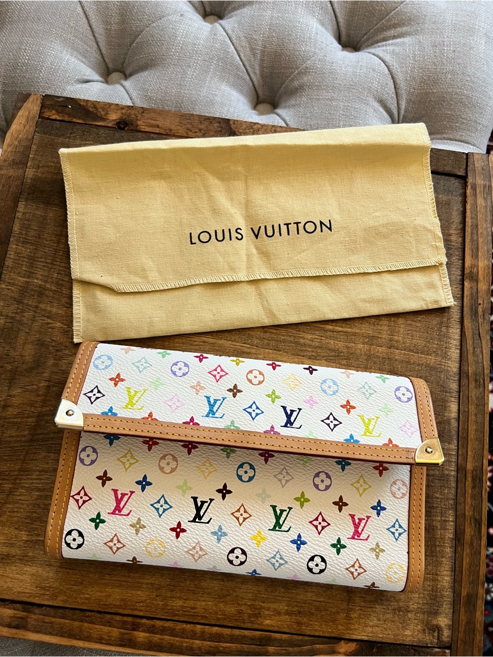 Louis Vuitton White Multicolor Monogram Fold-Over Clutch with Tan Trim